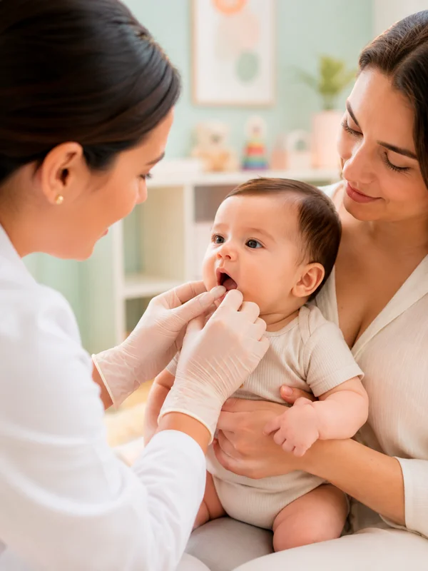 Avaliação do frênulo lingual em bebê durante teste da linguinha